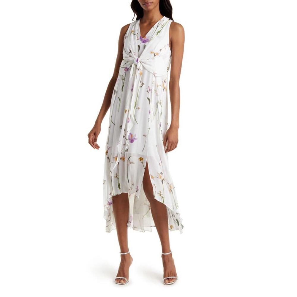 All Saints Floral Capri Kikyo White Sleeveless V-Neck Knotted Front Midi Dress 4